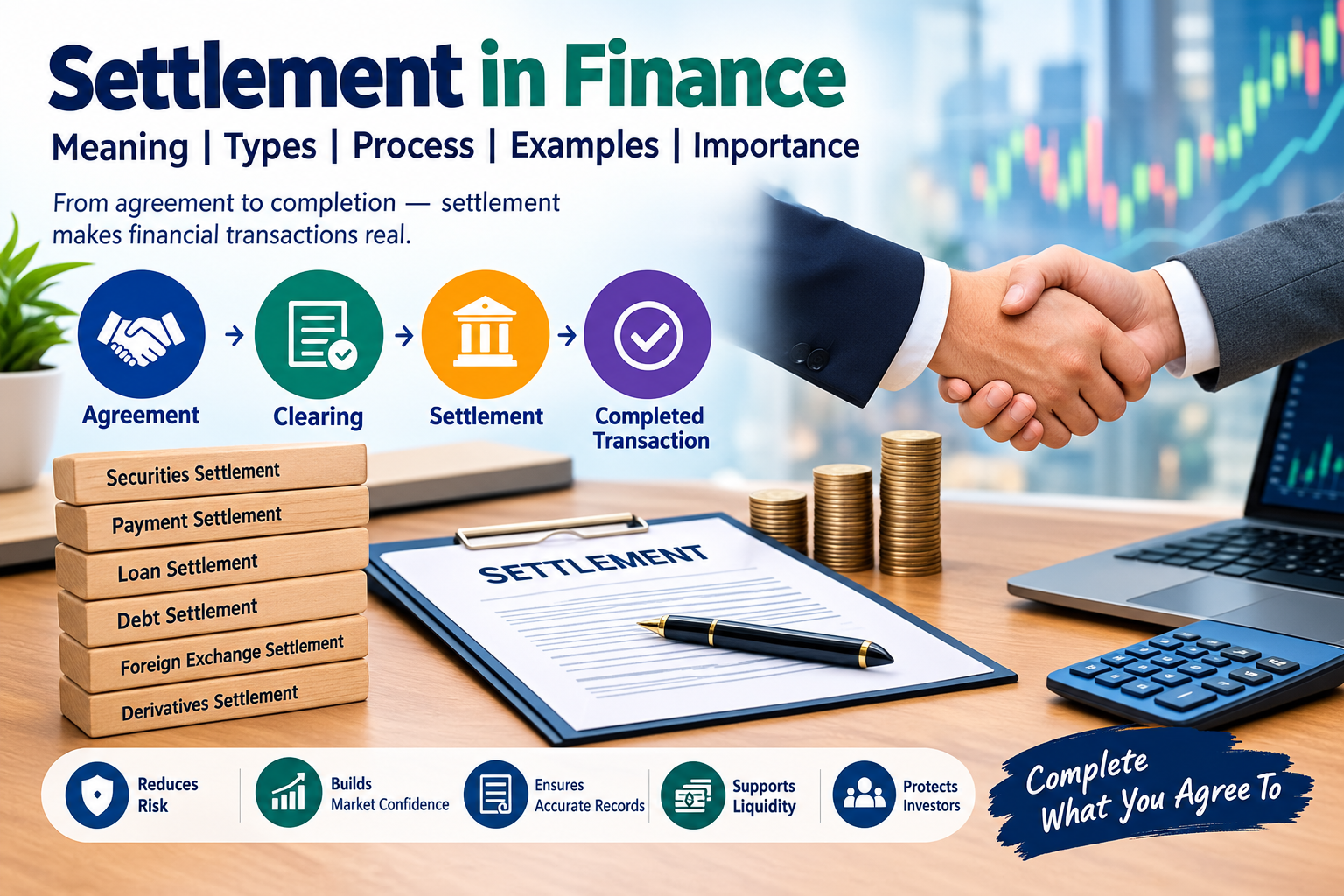 Settlement in Finance – infographic explaining the meaning, types, process, examples, and importance of financial settlement, including securities, payment, loan, debt, foreign exchange, and derivatives settlement.